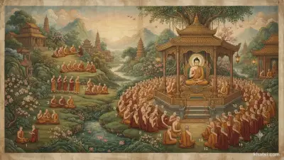 Thư viện Phật giáo cổ với các bản kinh Pāli được sắp xếp theo pháp số, ánh sáng vàng ấm chiếu qua cửa sổ