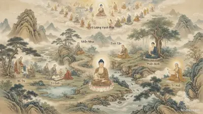 Sáu cánh sen vàng xoay tròn trên mặt nước tĩnh lặng, mỗi cánh tượng trưng một ba-la-mật, phản chiếu vô số tia sáng nhỏ — hình ảnh hoá vạn hạnh