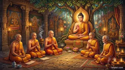 Năm Anh Em Kiều-Trần-Như nghe Phật dạy pháp dưới cây A-thị-đa tại Benares