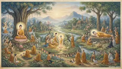 Cảnh lễ Phật Đản với đèn hoa đăng rực rỡ dưới trăng tròn tháng tư Ấn lịch