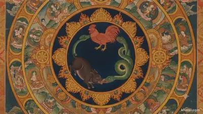 Biểu tượng con rắn ba đầu tượng trưng cho Tam Độc — Tham, Sân, Si — trong nghệ thuật Phật giáo truyền thống
