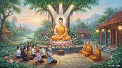 Biểu tượng Tam Bảo — bánh xe pháp, tháp xá-lợi và tăng đoàn trong khung cảnh chùa chiền Phật giáo