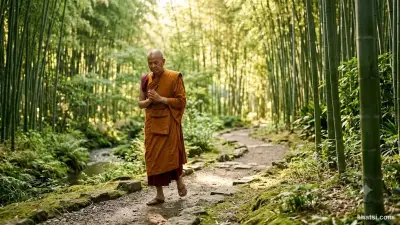 Một vị tăng đi thiền hành trong vườn tre yên tĩnh, ánh sáng xuyên qua tán lá