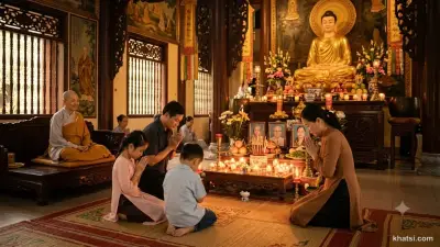 Cảnh minh họa Tứ Ân - người con quỳ gối trước bàn thờ tổ tiên, ánh nến ấm áp, hình ảnh Phật và thầy ở phía sau