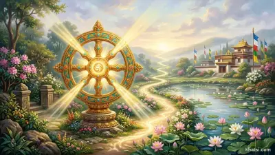 Bánh xe pháp với bốn căm tượng trưng Tứ Thánh Đế, ánh sáng vàng từ trung tâm tỏa ra bốn hướng chiếu sáng con đường tu tập