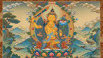 Hình ảnh Văn Thù Sư Lợi Bồ-Tát cưỡi sư tử, tay cầm gươm trí tuệ
