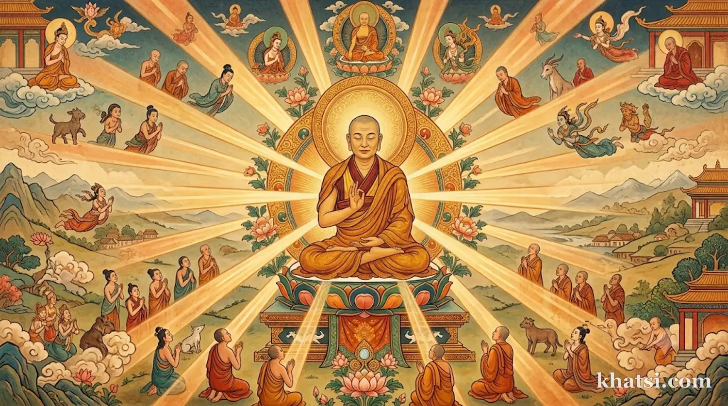 Ánh sáng ấm áp lan tỏa từ người ngồi thiền ra muôn phương
